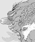  angry aura bazelgeuse black_sclera brachydios colored_sclera deviljho fangs glowing glowing_eyes grey_background greyscale growling highres horns krekkov lightning looking_to_the_side monochrome monster_hunter_(series) no_humans rajang roaring saliva saliva_trail scales solid_eyes tongue tongue_out yian_garuga 