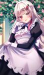  absurdres blonde_hair blush bow breasts commentary_request floral_background gloves hair_bow hair_ornament hairclip half_updo heterochromia highres ishigami_nozomi junineu long_hair looking_at_viewer maid medium_breasts nijisanji parted_lips red_eyes smile virtual_youtuber white_gloves yellow_eyes 
