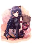  1girl animal_ears arm_ribbon asymmetrical_legwear bare_shoulders bell black_hair black_hairband black_thighhighs blush cat_ears cat_tail cushion dot_nose dress eluthel fake_animal_ears fake_tail footprints frilled_dress frills full_body gloves hair_between_eyes hair_ribbon hairband high_heels highres idolmaster idolmaster_shiny_colors jingle_bell knees_up looking_at_viewer mismatched_legwear morino_rinze necktie open_mouth panties pantyshot polka_dot polka_dot_legwear polka_dot_necktie polka_dot_ribbon purple_dress purple_gloves red_eyes red_ribbon ribbon short_hair sitting sleeveless sleeveless_dress smile solo tail thighhighs underwear white_panties yellow_necktie yellow_ribbon 
