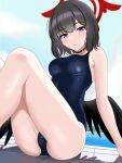  1girl absurdres black_hair black_wings blue_archive breasts competition_school_swimsuit feet_out_of_frame halo hama_(zarulzaharudin) highres looking_at_viewer mashiro_(blue_archive) medium_breasts medium_hair pool poolside purple_eyes school_swimsuit sitting solo swimsuit wings 
