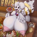  anthro areola big_breasts breast_rest breasts chopsticks eating eating_food epiphany_(expand-blurples) expand-blurples female food food_in_mouth fried_food generation_5_pokemon hi_res huge_breasts hyper hyper_breasts japanese_text kitchen_utensils legendary_pokemon meat nintendo nipple_piercing nipples piercing plates pokemon pokemon_(species) red_snapper reshiram restaurant sashimi tempura text thick_thighs tongue tongue_out tools white_body 