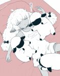  1girl ahoge animal_ears bow clothes_writing collarbone hair_bow hand_up horizontal_pupils hot long_hair low_twintails lying monochrome on_back original parted_lips pillow sheep sheep_ears sheep_girl solo sweat terayamaden translation_request twintails twitter_username undersized_animal 