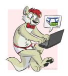  absurd_res aka_the_otter anthro blue_eyes blue_seam_briefs blue_seam_underwear bow_tie briefs clothing colored_seam_underwear computer eyewear fur glasses hair hi_res laptop male mammal mushketeery mustelid nerd otter pawpads paws red_hair red_seam_briefs red_seam_underwear simple_background sitting smile solo tan_body tan_fur teeth tighty_whities typing underwear white_body white_briefs white_clothing white_fur white_underwear 