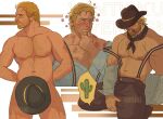  1boy absurdres arm_hair arthur_morgan artist_name bara bite_mark black_pants blonde_hair blue_eyes blue_shirt blush chest_hair cigar closed_mouth completely_nude covering covering_crotch cowboy_hat dilfborne_(ventiskull) hat highres large_pectorals male_focus muscular muscular_male navel nipples nude pants pectorals red_dead_redemption red_dead_redemption_2 shirt short_hair suspenders topless_male 