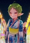  1girl absurdres closed_mouth elf festival green_hair highres japanese_clothes kimono looking_at_viewer mushoku_tensei night night_sky outdoors pointy_ears red_eyes short_hair sky smile solo sono_ichigo star_(sky) starry_sky summer_festival sylphiette_(mushoku_tensei) yukata 