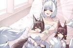  3girls absurdres akagi-chan_(azur_lane) amagi-chan_(azur_lane) animal_ears azur_lane bare_shoulders bell breasts brown_hair closed_eyes drooling eyeshadow floral_print fox_ears fox_girl fox_tail hair_bell hair_ornament hairclip happy highres hug hug_from_behind indoors kaga_(azur_lane) kitsune large_breasts long_hair lying lying_on_person makeup medium_breasts medium_hair multiple_girls multiple_tails on_back on_bed open_mouth pajamas print_pajamas red_eyeshadow sakura_empire_(emblem) samip sleeping sleeping_on_person smile strap_slip tail teeth upper_teeth_only white_hair 