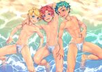  3boys :d abs arm_around_neck arm_behind_head arm_up armpits barefoot beach blonde_hair blue_eyes bulge caustics collarbone commentary_request day feet from_above fundoshi fuwatoro_(i7mnoehere) green_hair groin hand_on_another&#039;s_thigh hand_on_own_stomach hand_up highres japanese_clothes knee_up looking_at_viewer looking_up lying male_focus male_underwear multiple_boys navel nipples on_back on_ground open_mouth original outdoors parted_bangs partially_submerged pectorals red_eyes red_hair sand short_hair side-by-side smile sparkle spiked_hair spread_legs toned toned_male underwear underwear_only water wet wet_clothes wet_fundoshi wet_male_underwear yaoi 