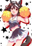  1girl ahoge animal_ears black_hair black_skirt blush bob_cut cheerleader contrapposto cowboy_shot crop_top flower_ornament hair_between_eyes hair_ribbon highres holding holding_pom_poms horse_ears horse_girl horse_tail kitasan_black_(umamusume) looking_at_viewer midriff moko39_takasora multicolored_hair navel pleated_skirt pom_pom_(cheerleading) red_eyes red_ribbon ribbon short_hair skirt solo streaked_hair tail two-tone_hair umamusume white_hair 