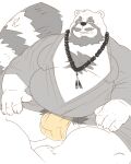  2023 anthro asian_clothing balls belly big_belly canid canine clothing east_asian_clothing facial_hair fundoshi genitals hi_res humanoid_hands japanese_clothing kemono male mammal mature_male moobs morino8484 mustache overweight overweight_male raccoon_dog sitting solo tanuki underwear 
