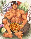 1boy abs animal_ears bamboo_shoot bara basket brown_hair chest_hair chinese_zodiac cow_boy cow_ears cow_horns dark-skinned_male dark_skin eating facial_hair flower food fruit hand_fan highres holding holding_food horns male_focus mandarin_orange mature_male muscular muscular_male navel navel_hair nipples one_eye_closed orange_(fruit) orange_peel original pants paper_fan pectoral_cleavage pectorals pink_flower short_hair sideburns sitting solo stubble suamaru thick_eyebrows topless_male veins white_flower year_of_the_ox 