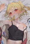  1girl absurdres bed_sheet black_camisole blonde_hair blush breasts camisole cleavage collarbone crystal flandre_scarlet hair_between_eyes highres looking_at_viewer lying no_headwear off_shoulder on_back pointy_ears red_eyes side_ponytail small_breasts solo touhou tsune_(tune) wings 