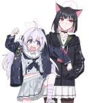  2girls ahoge angry animal_ears arm_up black_choker black_coat black_hair black_hoodie black_neckerchief blue_archive blush brown_pantyhose cat_ears cat_girl choker clenched_hands closed_mouth clothes_grab coat collarbone colored_inner_hair commentary_request cowboy_shot expressionless foot_up grey_shirt grey_skirt hair_ornament halo hand_in_pocket height_difference highres hood hood_down hoodie kazusa_(blue_archive) kneehighs light_blush long_hair looking_at_another low_twintails midriff_peek multicolored_hair multiple_girls navel neckerchief open_clothes open_coat pantyhose pink_hair pink_socks pleated_skirt purple_eyes red_eyes reisa_(blue_archive) sailor_collar school_uniform serafuku shirt simple_background skirt socks standing standing_on_one_leg star_(symbol) star_hair_ornament striped striped_socks tamayume tareme twintails v-shaped_eyebrows white_background white_sailor_collar white_skirt 