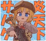  1girl @_@ blonde_hair blue_background blue_eyes bocchi-ya-nawi brown_headwear cabbie_hat commentary_request grey_shirt gun hat highres holding holding_gun holding_weapon long_sleeves looking_at_viewer open_mouth original rectangular_mouth shirt sideways_hat simple_background solo sweat text_background translation_request upper_body v-shaped_eyebrows weapon weapon_request 