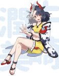  1girl animal_ears animal_print black_hair collarbone cow_ears cow_girl cow_horns cow_print cow_tail crop_top crossed_legs eyelashes fingernails frilled_shirt frilled_shorts frills grey_hair haori highres horns japanese_clothes kagari_hiko legs multicolored_hair navel open_mouth red_eyes red_horns red_tail sandals shirt shorts sitting solo split-color_hair tail tank_top toenails toes touhou translation_request two-tone_hair ushizaki_urumi yellow_shorts yellow_tank_top 