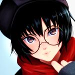  1girl amagami beret black_hair black_headwear brown_eyes close-up closed_mouth glasses hat highres lips looking_at_viewer nanasaki_ai oshizu portrait red_scarf round_eyewear scarf short_hair solo 