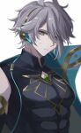  1boy ahoge alhaitham_(genshin_impact) aqua_eyes armlet asymmetrical_sidelocks black_shirt blue_cape cable cape chest_jewel closed_mouth compression_shirt covered_abs from_side gem genshin_impact gold_trim green_gemstone grey_hair hair_between_eyes hair_over_one_eye headphones highres looking_at_viewer male_focus mandarin_collar matohuku1210 messy_hair multicolored_eyes one_eye_covered pectorals shirt short_hair shoulder_cape sidelocks single_bare_shoulder sleeveless sleeveless_shirt solo sweat upper_body 