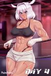  1girl abs animal_ears arm_tattoo artist_logo artist_name bare_shoulders black_sports_bra blue_eyes blurry blurry_background body_markings boxing_ring breasts caenis_(fate) chest_tattoo cleavage collarbone covered_nipples dark-skinned_female dark_skin fate/grand_order fate_(series) hair_between_eyes hair_intakes highres large_breasts leaning_on_object leg_tattoo looking_at_viewer muscular muscular_female navel pashapencil pubic_tattoo shirt short_hair short_shorts shorts solo sports_bra steaming_body stomach sweat tattoo taut_clothes taut_shirt thick_thighs thighs white_hair white_shorts wrist_wrap 