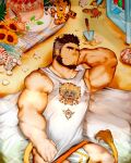  1boy alca_(wakatanka4) animal_ears bara beach beard cake come_hither crab facial_hair feet_out_of_frame food gyee highres jockstrap large_pectorals lion_boy lion_ears lion_tail looking_at_viewer lying male_focus male_underwear mature_male muscular muscular_male no_pants on_back original pectorals penis penis_peek print_shirt reed_orison sand shirt short_hair smile solo tail tank_top thick_eyebrows undercut underwear white_male_underwear white_tank_top 