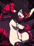  1girl absurdres aetherion artist_name black_background black_cape black_gloves black_hair black_shrug black_thighhighs breasts cape claw_pose english_commentary fangs floating_hair gloves highres kill_la_kill large_breasts matoi_ryuuko multicolored_hair navel open_mouth patreon_username pointy_ears red_eyes red_hair revealing_clothes senketsu short_hair shrug_(clothing) solo streaked_hair suspenders thighhighs torn_cape torn_clothes vampire 