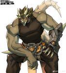  2023 5_horns absurd_res anthro armor artist_logo biceps bottomwear brown_bottomwear brown_clothing brown_pants brown_shirt brown_tank_top brown_topwear claws clothing crever_(fansl) dated deltoids dragon facial_horn facial_spikes fansl finger_claws flexor_carpi gauntlets gloves green_body green_hair green_scales hair handwear hi_res horn legwear logo male multi_horn muscular muscular_anthro muscular_male nose_horn pants pecs scales scalie shirt simple_background solo spikes spikes_(anatomy) tail_spines tank_top topwear white_background yellow_sclera 