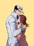  1boy 1girl black_hair blush brown_hair closed_mouth coat commentary_request couple diamond_wa_kudakenai dress hat hetero hug husband_and_wife jojo_no_kimyou_na_bouken korean_commentary kujo_jotaro long_sleeves looking_at_another medium_hair mrs._kujo parted_lips pink_dress seungtaerang short_hair stone_ocean sweatdrop white_coat yellow_background 