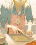  1boy apron black_pants blonde_hair blue_shirt closed_mouth collared_shirt cooking holding holding_knife knife male_focus one_piece pants pink_apron runa_(nori31291404) sanji_(one_piece) shirt short_hair smile solo 