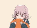  1girl backpack bag black_jacket blush danganronpa_(series) danganronpa_2:_goodbye_despair flipped_hair galaga gon_(congchuabuoito) hair_ornament hands_up highres holding jacket looking_down nanami_chiaki pink_hair red_eyes simple_background sleeves_past_wrists solo translation_request white_background 