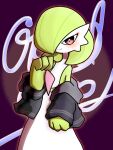  1girl bare_shoulders black_jacket blush bob_cut clenched_hands closed_mouth clothed_pokemon colored_skin commentary_request cowboy_shot eyeshadow flat_chest gardevoir green_hair green_skin hair_over_one_eye hand_up happy highres jacket long_sleeves looking_at_viewer makeup multicolored_skin off_shoulder one_eye_covered open_clothes open_jacket outline partial_commentary pokemon pokemon_(creature) purple_background red_eyes red_eyeshadow red_outline short_hair smile solo split_mouth standing two-tone_skin white_skin yuri_(pixiv_76483886) 