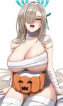  1girl absurdres asuna_(blue_archive) blue_archive blue_eyes blush cowboy_shot halloween halloween_costume highres light_brown_hair long_hair mummy_costume open_mouth s_redbutterfly simple_background smile solo white_background 