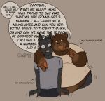  absurd_res anthro bear belly belly_overhang big_belly bodily_fluids brown_body brown_fur cowdypie domestic_cat duo english_text felid feline felis fur hi_res klaus_(cowdypie) male mammal nervous obese obese_anthro obese_male open_mouth ordering_food overweight overweight_anthro overweight_male pawpads remi_(cowdypie) simple_background sweat text 