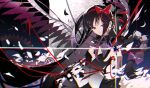  1girl akemi_homura akuma_homura black_dress black_feathers black_hair bow braid breasts cleavage cowboy_shot dress feathers fingernails furrowed_brow hair_bow heterochromia highres jiu_ye_sang long_hair looking_at_viewer mahou_shoujo_madoka_magica mahou_shoujo_madoka_magica:_hangyaku_no_monogatari parted_lips purple_eyes red_bow sleeveless sleeveless_dress solo standing star_(sky) string string_of_fate teardrop tears very_long_hair wings 