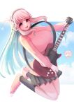  1girl aki_sakura aqua_hair blush breasts color_connection colored_inner_hair cosplay electric_guitar gibson_les_paul gotou_hitori gotou_hitori_(cosplay) guitar hair_color_connection headphones instrument jacket large_breasts long_hair long_sleeves looking_at_viewer multicolored_hair multiple_girls nitroplus open_mouth pink_eyes pink_hair pink_jacket pink_track_suit red_eyes smile solo super_sonico track_jacket two-tone_hair 