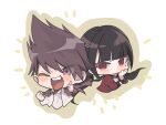  1boy 1girl :d ;d black_hair black_sailor_collar blush brown_background chibi cropped_torso danganronpa_(series) danganronpa_v3:_killing_harmony frown hair_ornament hairclip harukawa_maki jacket liliy1191 long_hair mole mole_under_eye momota_kaito one_eye_closed open_clothes open_jacket open_shirt pink_eyes pink_jacket red_eyes red_shirt sailor_collar shirt smile spiked_hair thumbs_up white_background white_shirt 