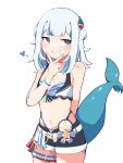  1girl absurdres arm_behind_back bikini blue_bikini blue_eyes blue_hair blue_nails fins fish_tail gawr_gura heart highres hololive hololive_english medium_hair multicolored_clothes multicolored_hair shark_girl shark_tail sharp_teeth shorts sidelocks simple_background skkazu1 smile solo standing striped striped_bikini swimsuit tail teeth thigh_strap virtual_youtuber white_background white_bikini white_hair 