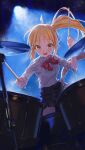  1girl :d blonde_hair bocchi_the_rock! bow bowtie drum drumsticks highres holding holding_drumsticks ijichi_nijika instrument long_hair looking_at_viewer m.q_(mqkyrie) music open_mouth orange_eyes playing_instrument red_bow side_ponytail smile solo 