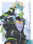  anthro aoi_tachi0 blonde_hair blue_body blue_fur clothing eyebrows felid fingerless_gloves fur gloves green_eyes hair handwear hi_res lifewonders live_a_hero male mammal muscular muscular_anthro muscular_male one_eye_closed pantherine pawpads pecs rexer smile solo striped_body striped_fur stripes thick_eyebrows tiger wink 