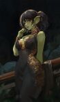  black_hair breasts cinderone cleavage clothed clothing dress female green_body green_skin hair hi_res humanoid not_furry orc solo 
