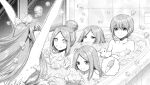  5girls arms_up bare_shoulders bath bathing bathtub bubble bubble_bath butt_crack collarbone go-toubun_no_hanayome greyscale hair_bun highres ice_cream_cone long_hair monochrome multiple_girls nakano_ichika nakano_itsuki nakano_miku nakano_nino nakano_yotsuba partially_submerged rubber_duck short_hair single_hair_bun soap_bubbles speech_bubble tile_wall tiles water window yu_(flowerbird3830) 