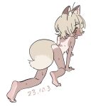  1girl all_fours animal_ears barefoot bouen brown_eyes completely_nude dated fox_ears fox_girl fox_tail full_body grey_hair highres looking_at_viewer looking_back nude one-piece_tan open_mouth original short_hair simple_background sketch soles solo tail tan tanlines wet white_background 