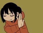  1girl black_hair brown_background closed_eyes closed_mouth coat commentary cosplay drakeposting_(meme) explosion_psycho facing_viewer frown haguruma_hasami highres hood hood_down hooded_coat meme orange_coat original simple_background solo upper_body 