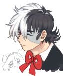  1boy 1girl black_hair black_jack_(character) black_jack_(series) closed_mouth collared_shirt expressionless eyes_visible_through_hair hair_over_one_eye highres looking_at_viewer male_focus mame_moyashi multicolored_hair neck_ribbon one_eye_closed patchwork_skin pinoko portrait red_eyes red_ribbon ribbon scar scar_on_face shirt short_hair simple_background solo_focus split-color_hair two-tone_hair white_background white_hair white_shirt 