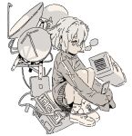  1girl cigarette hair_between_eyes holding jacket kaizuka_(mintfield) knees_up long_sleeves monochrome original satellite_dish shoes short_hair simple_background sitting sleeves_past_fingers sleeves_past_wrists smoke solo white_background 