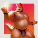  2023 anthro armband azumiiip barazoku belly biceps big_bulge big_muscles border bowser bowser_day bracelet bulge claws clothed clothing collar emanata eyebrows glowing grey_border hair hi_res horn huge_muscles jewelry koopa male mario_bros musclegut muscular muscular_anthro muscular_male navel nintendo nipples non-mammal_nipples obliques open_mouth open_smile pecs red_background scalie serratus simple_background smile smirk solo spiked_armband spiked_bracelet spiked_collar spiked_tail spikes spikes_(anatomy) standing star tail teeth thick_thighs thong thong_only tongue topless topless_anthro topless_male underwear underwear_only 