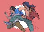  2boys andou_mamoru anger_vein black_hair blood blue_footwear blue_pants blue_shirt bomber_jacket brown_jacket brown_pants clenched_teeth commentary_request foot_out_of_frame glasses highres in_the_face inudori itou_kaiji jacket kaiji kicking long_hair long_sleeves looking_at_another male_focus medium_bangs multiple_boys no_shirt open_clothes open_mouth open_shirt pants pink_background republic_of_china_flag shirt shoes short_hair simple_background sneakers south_korean_flag teeth white_shirt 