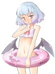  1girl arnest bat_wings bikini black_wings blush highres innertube navel open_mouth purple_hair red_eyes remilia_scarlet short_hair solo swimsuit tagme touhou wings 