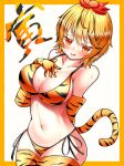  1girl absurdres animal_print arm_behind_back bikini black_hair blonde_hair blush border breasts chinese_zodiac cleavage commentary cowboy_shot elbow_gloves gloves gyuta hair_ornament hand_on_own_chest highres large_breasts looking_at_viewer multicolored_hair navel open_mouth orange_bikini orange_border orange_eyes orange_gloves short_hair side-tie_bikini_bottom simple_background solo streaked_hair swimsuit thighhighs tiger_print toramaru_shou torn_clothes torn_thighhighs touhou white_background year_of_the_tiger 