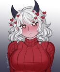  1girl ar1su black_horns blush demon demon_girl demon_horns heart heart-shaped_pupils helltaker highres horns looking_at_viewer modeus_(helltaker) red_eyes red_sweater sweater symbol-shaped_pupils white_hair 