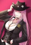  1girl breasts cleavage collared_shirt cowboy_hat hat highres hololive hololive_english long_hair looking_at_viewer mori_calliope open_mouth pink_background pink_eyes pink_hair sheriff sheriff_badge shirt solo takodragonn virtual_youtuber 