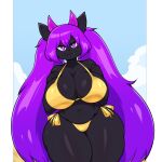  absurd_res anthro big_breasts bikini black_body breasts cleavage clothed clothing female hair hi_res mammal purple_hair side-tie_bikini solo string_bikini swimwear thick_thighs virito 