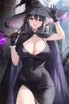  1girl absurdres black_dress black_eyes black_hair blush breasts cleavage cloak covered_navel cowboy_shot dress gloves hat highres holding holding_staff large_breasts lillly long_dress long_hair looking_at_viewer original parted_lips smile solo staff thighs very_long_hair witch witch_hat 